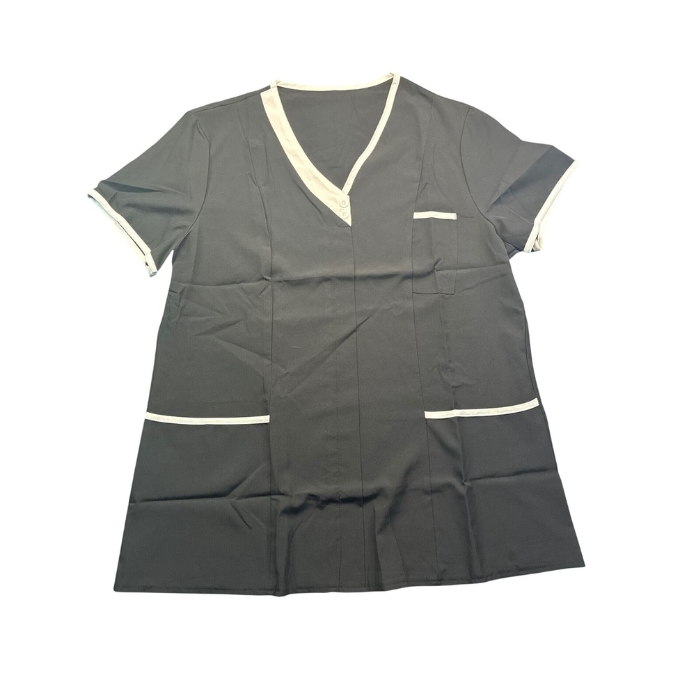 Womens Black White Trim V-Neck Scrub Top Short Sleeve Housekeeping Uniform Large